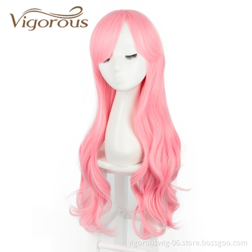 Inclined Bangs Heat Resistant Natural Wholesale Cheap Price Pink Crazy  Long Body Wave Cosplay For Party Synthetic Wigs
